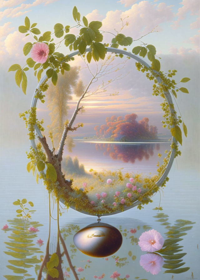 Circular Frame Landscape with Golden Pendulum and Floral Border