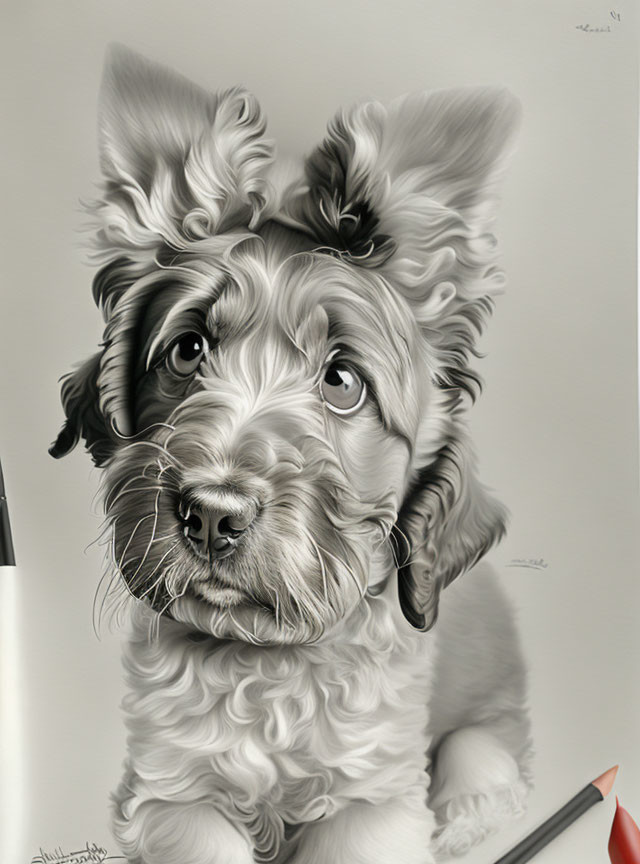 Detailed Black and White Sketch of Fluffy Puppy with Pencil