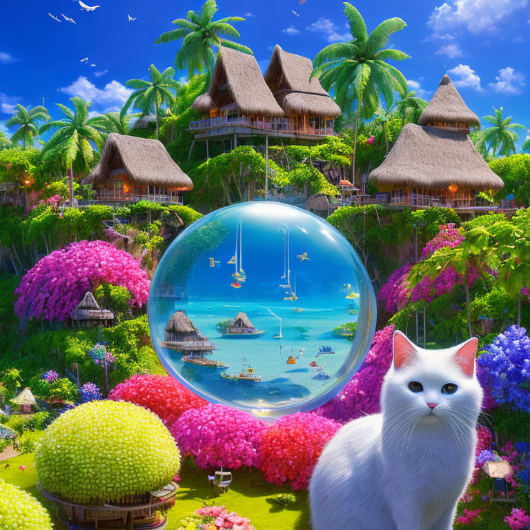 Colorful Beach Scene with White Cat and Crystal Ball in Thatched Huts Setting