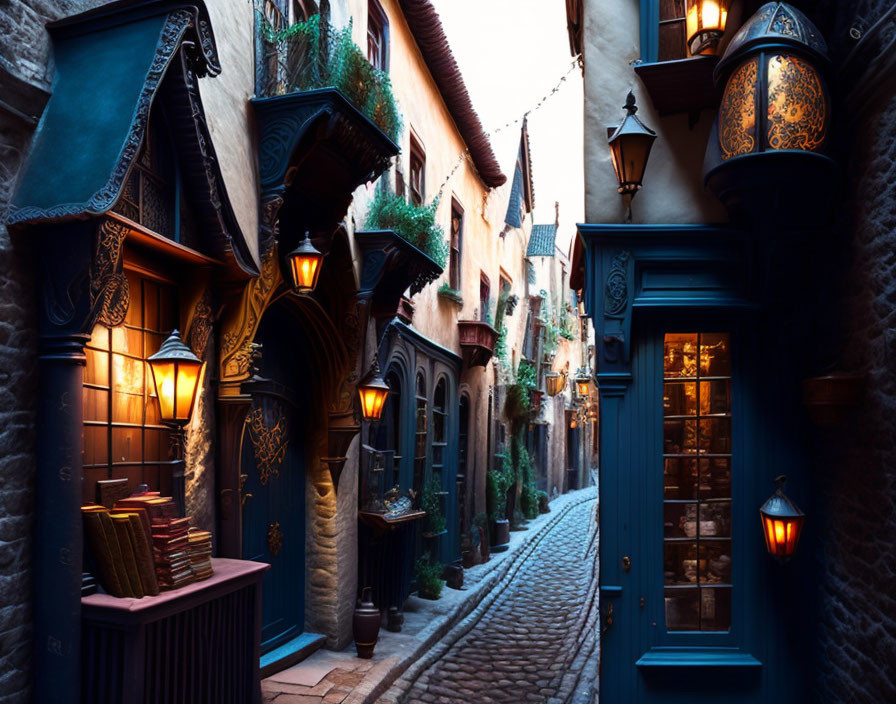 Charming dusk scene of cobblestone alley with vintage lamps and ornate doorways