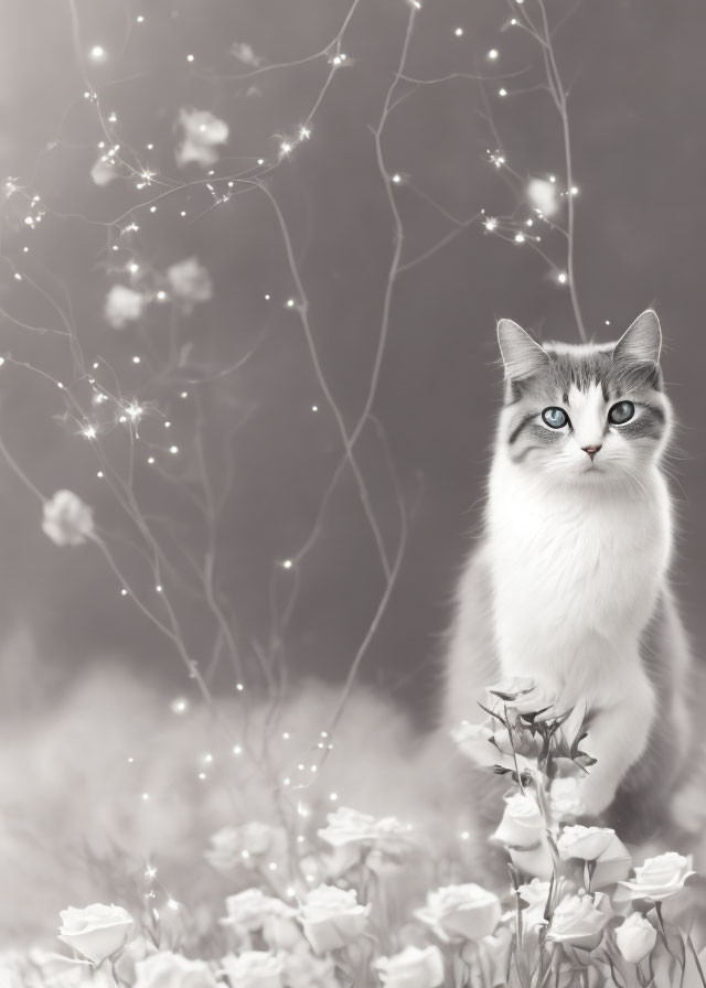 Grayscale sepia-toned image of a cat with blue eyes among roses and lights