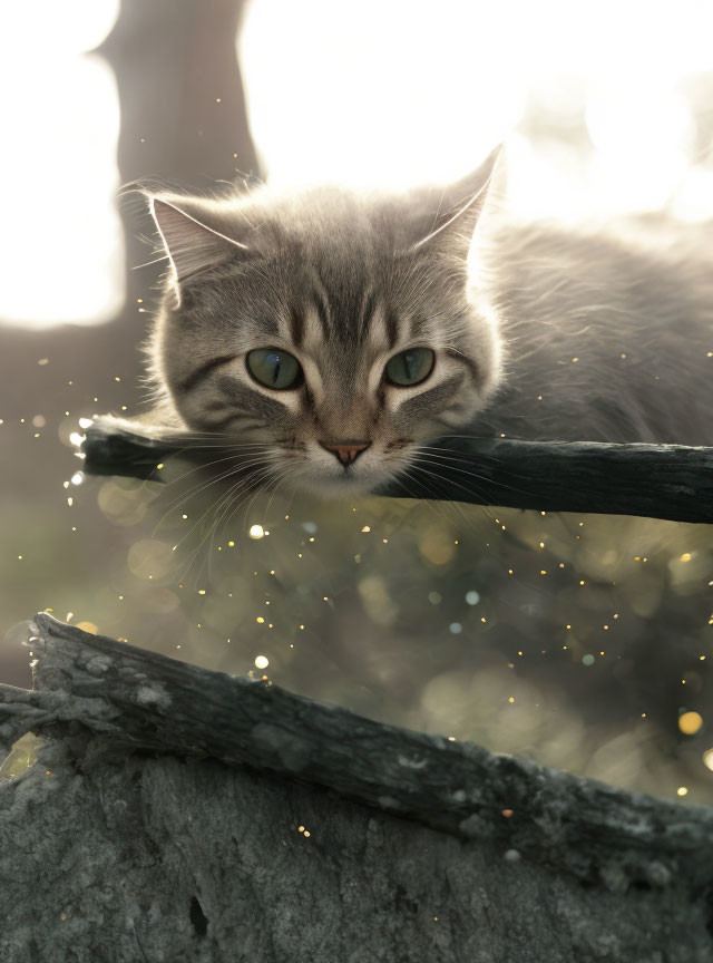 Fluffy Cat with Striking Eyes on Sunlit Branch