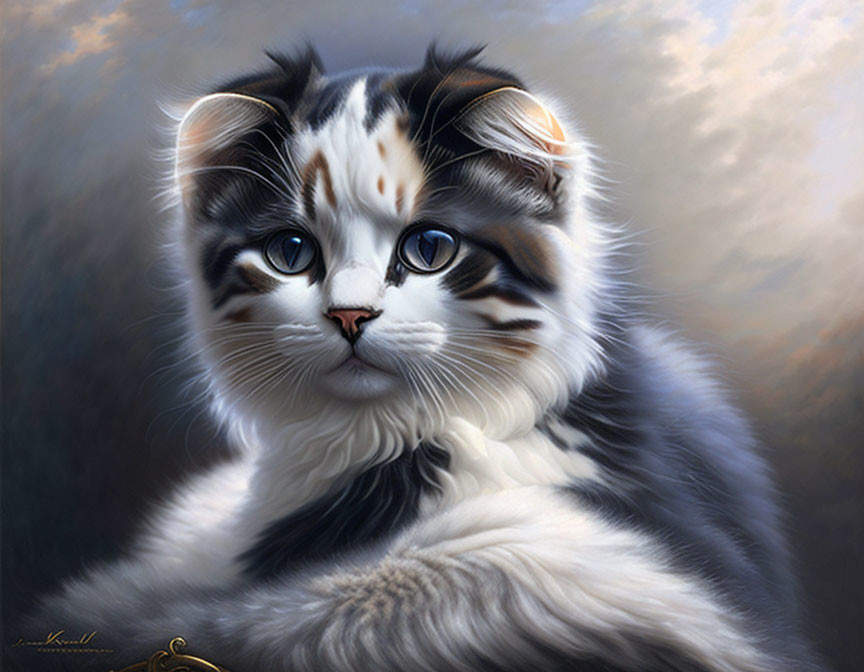 Tricolor Cat with Blue Eyes and Whiskers on Cloud Background