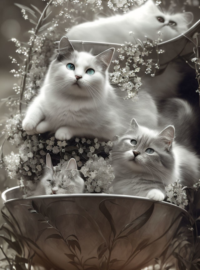 Four Fluffy Cats with Blue Eyes Among Blooming Flowers