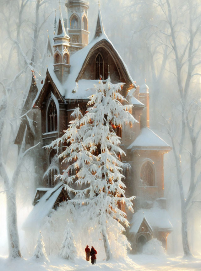 Winter scene: Snow-covered church in forest with falling snowflakes and person in red