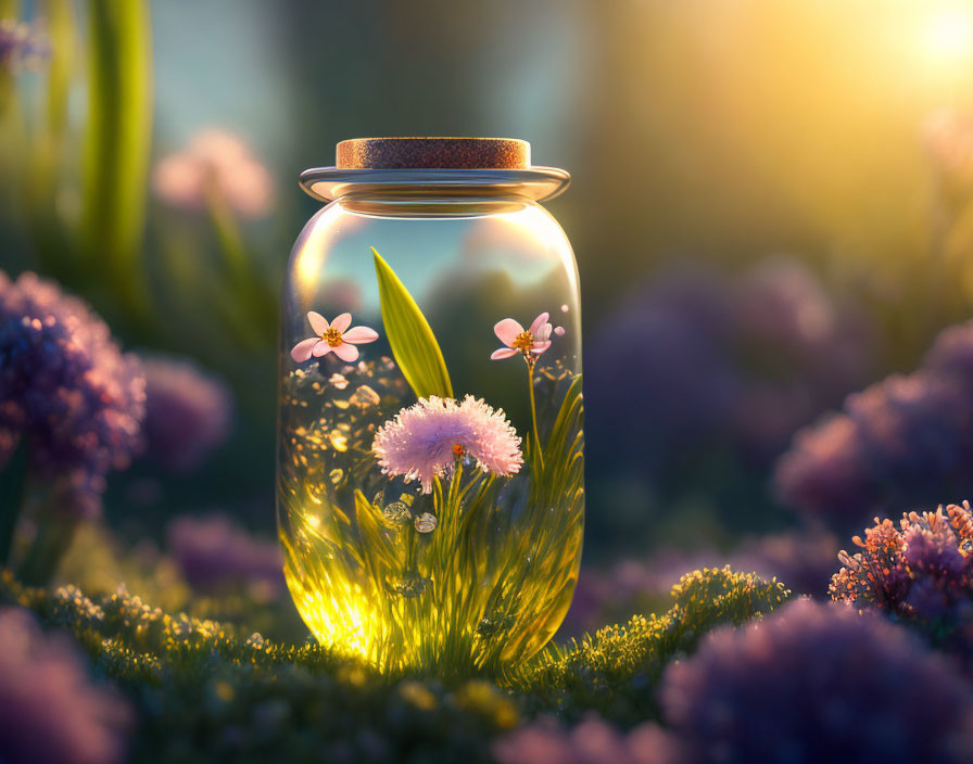 Glass jar with sunlight in mystical garden and purple flora at sunset