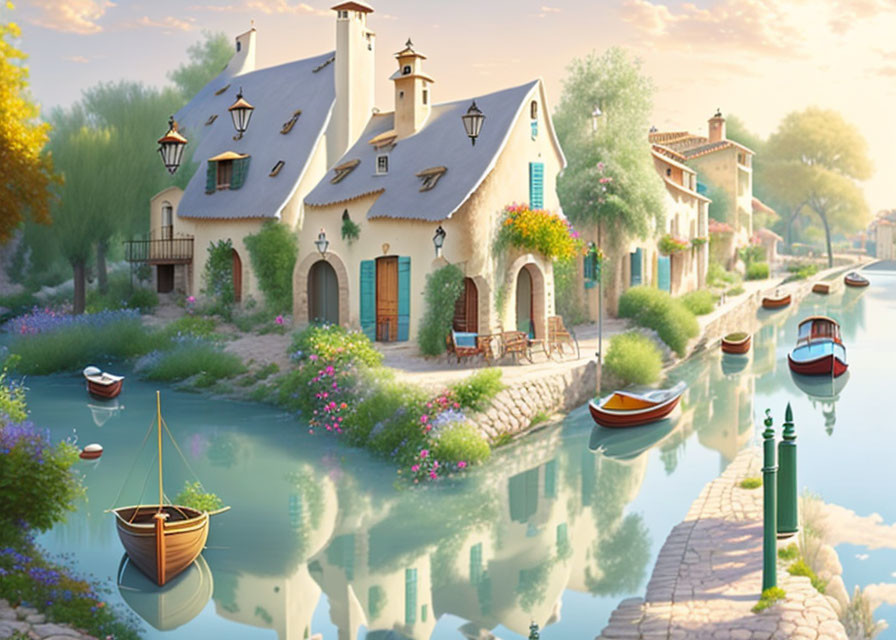 Colorful riverside houses with tiled roofs amidst lush flora and boats on calm water under golden sky.