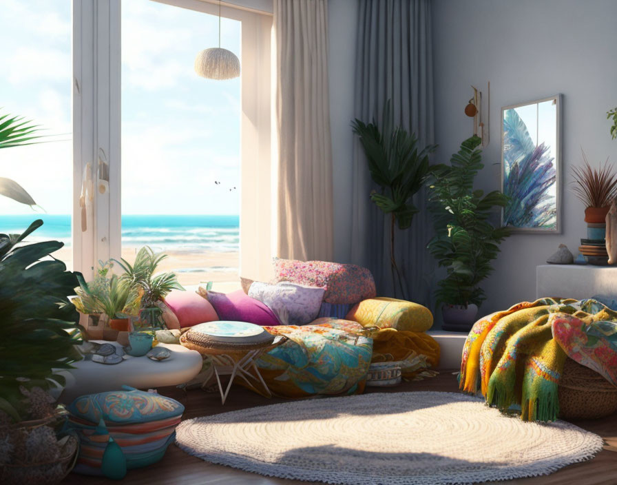 Colorful Cushions and Plants in Cozy Beachside Room
