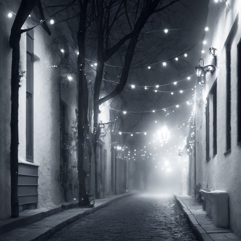 Foggy Night Alley with String Lights and Vintage Lamps