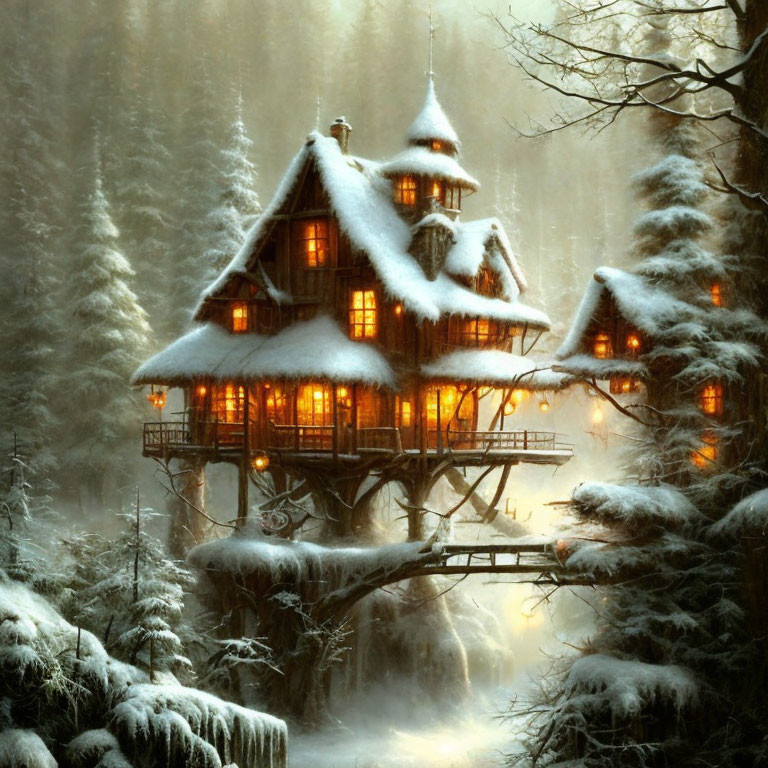 Snow-covered treehouse in serene wintry forest