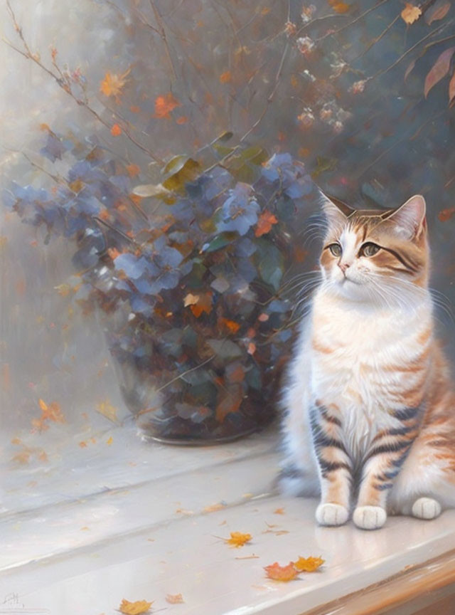 Orange and white cat on windowsill with autumn leaves and soft light