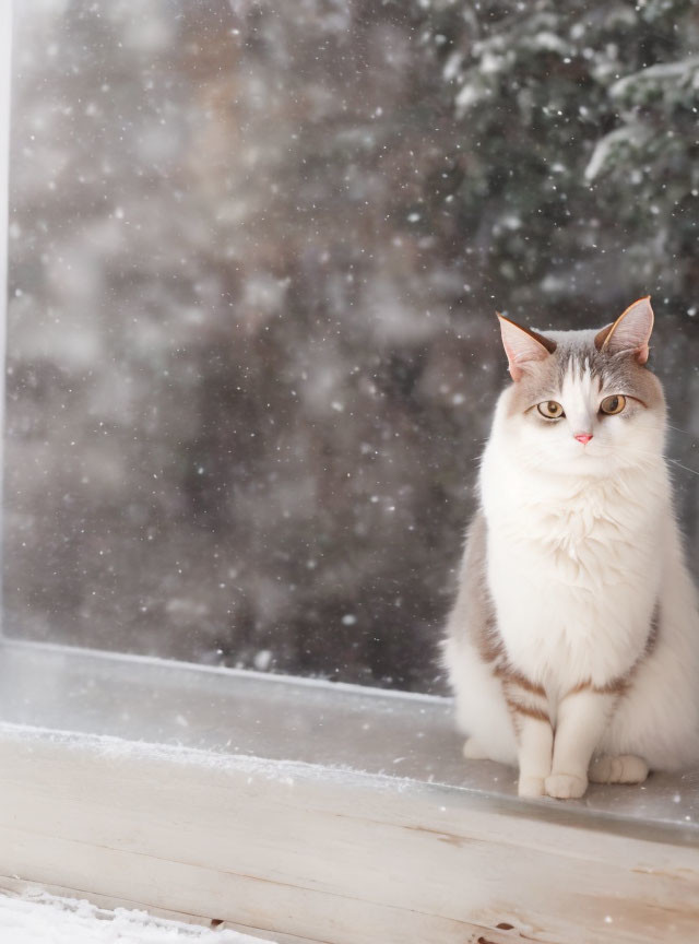 White and Brown Cat with Striking Eyes by Window in Snowfall