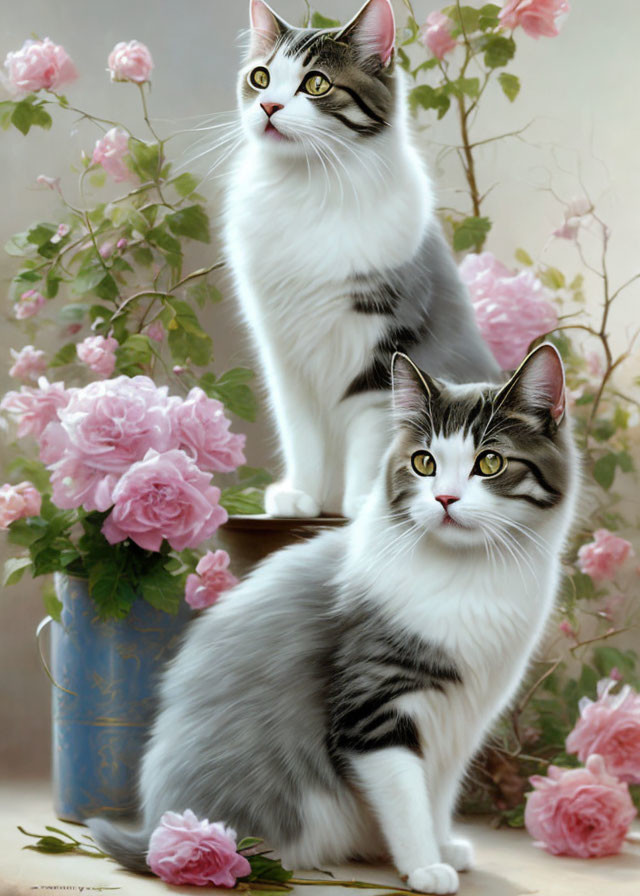 Fluffy grey and white cats with green eyes among pink roses in dreamy setting