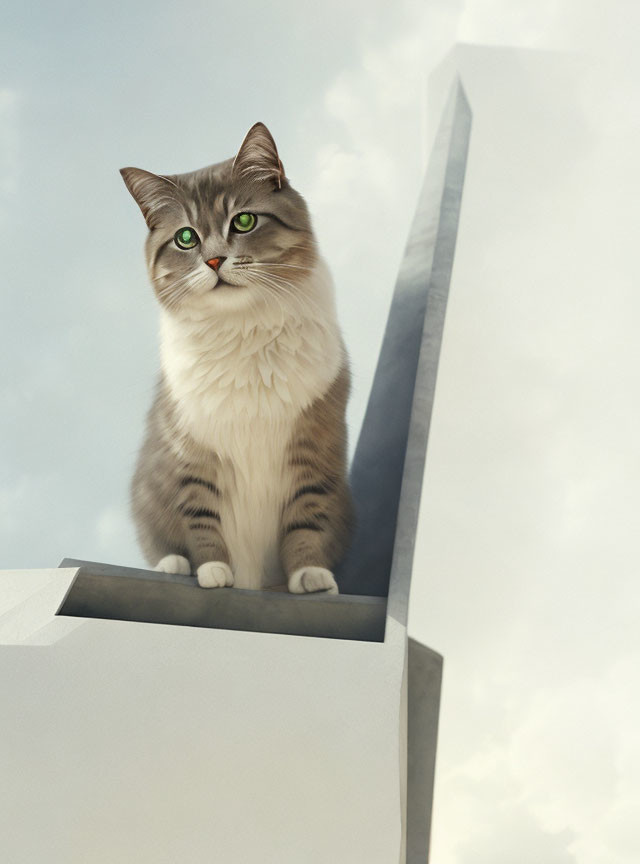 Fluffy Cat with Green Eyes on Modern Structure against Cloudy Sky