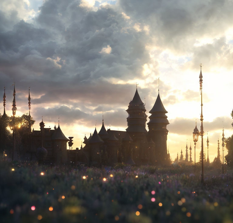 Silhouette of fairytale castle in sunset sky with flowers and street lamps