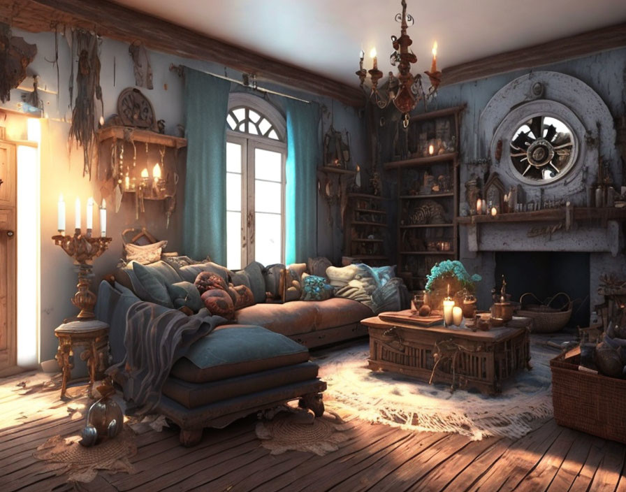 Vintage Room with Blue Sofa, Rustic Decor, Chandeliers, Fireplace, and Whimsical