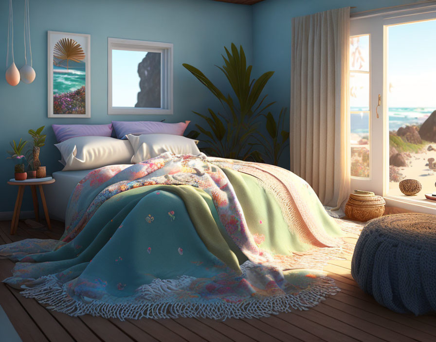 Serene seaside bedroom with soft bed, sunlight, plants, and beach view.