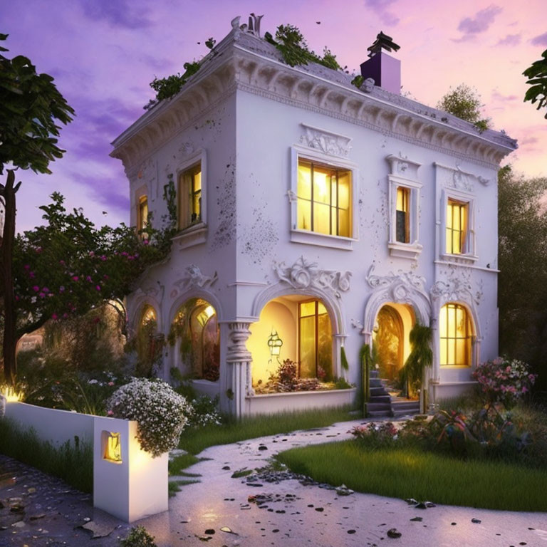 White Two-Story House at Twilight with Lit Interior and Garden Path