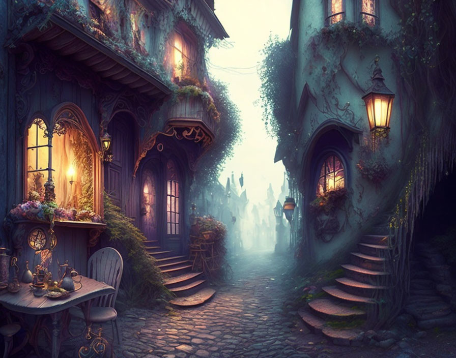 Enchanting cobblestone alley with ivy-clad houses and glowing lanterns at twilight