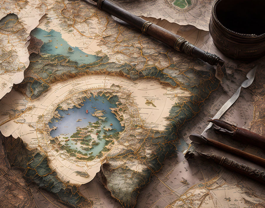 Vintage map with topographical details, magnifying glass, and quills on wood