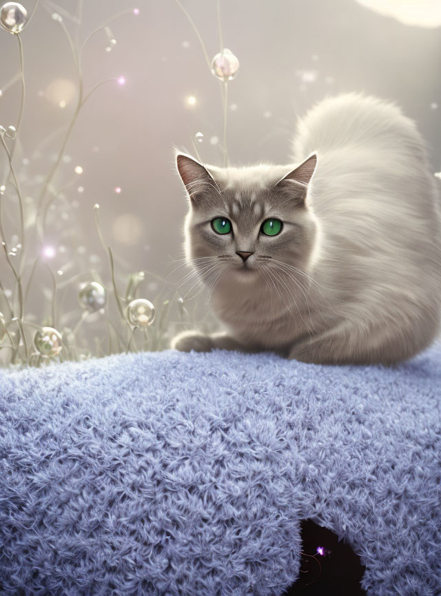 Fluffy white cat with green eyes on soft blue surface surrounded by glowing orbs