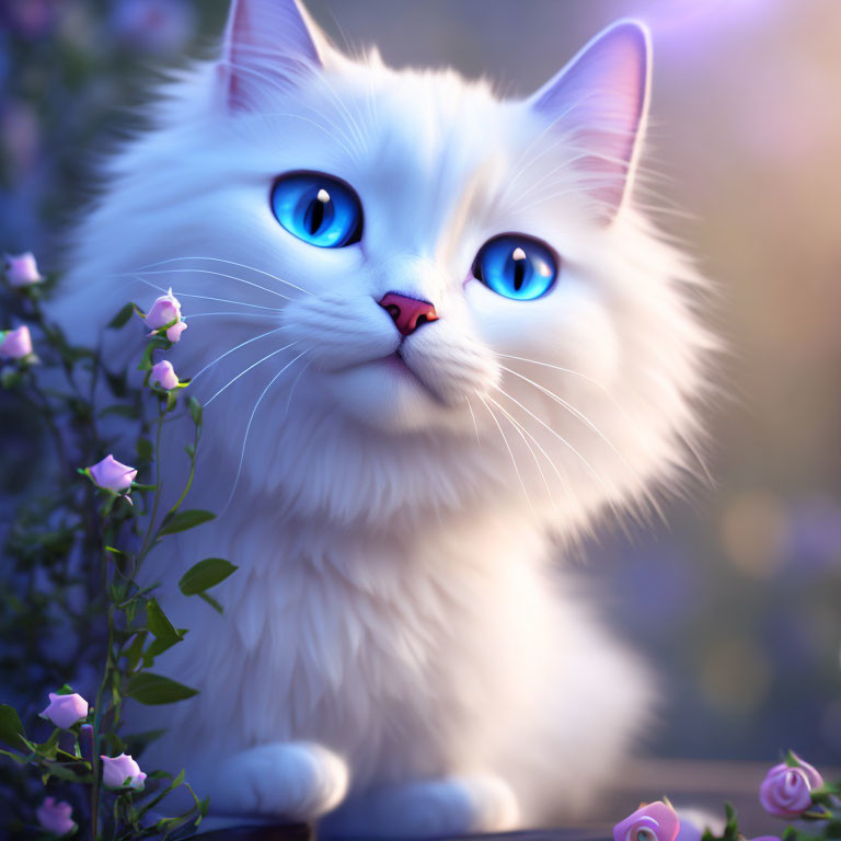 Fluffy white cat with blue eyes among purple flowers in soft light