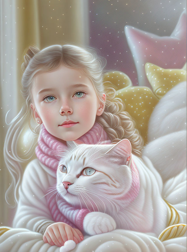 Girl with Blue Eyes and Blonde Hair Cuddling White Cat in Pink Scarf