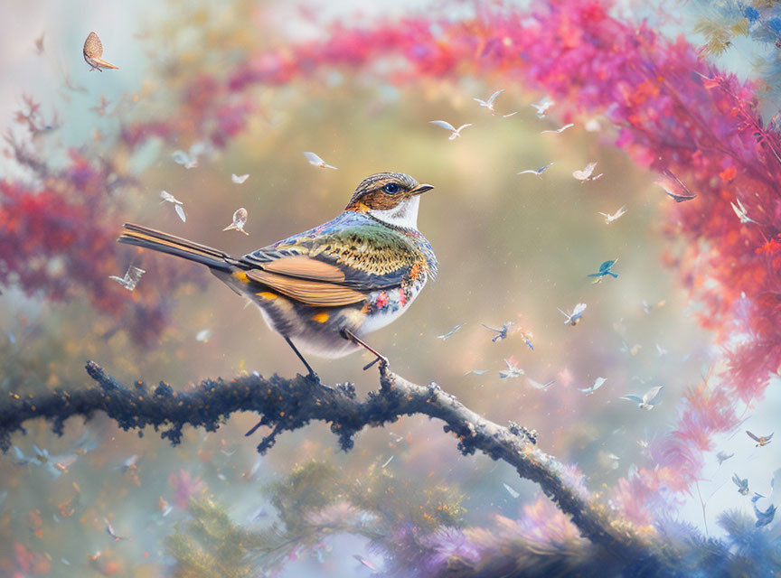 Colorful bird perched on branch in red and purple foliage with butterflies