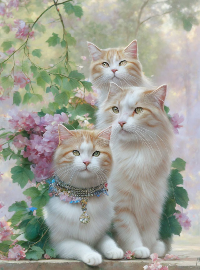 Fluffy White and Ginger Cats Among Pink Flowers