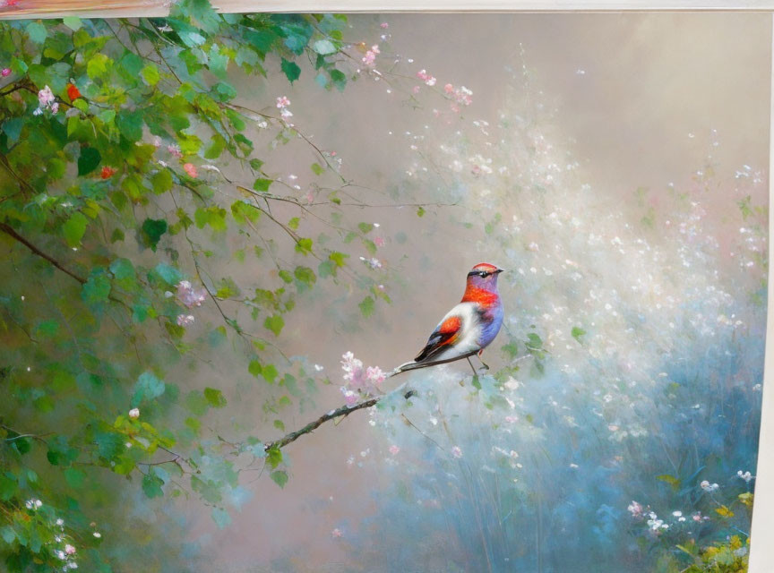 Red plumage bird perched on branch in pastel floral setting