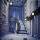 Snow-covered steps and illuminated lanterns in narrow alley at twilight