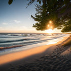 Tranquil sunset beach with lantern, books, and warm light