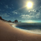 Serene beach landscape with sunlight, frothy waves, sandy shore, distant figures, and city skyline