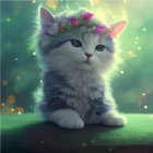 Fluffy Cat with Blue Eyes in Flower Crown on Bokeh Background