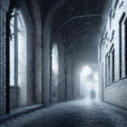 Foggy Night Alley with String Lights and Vintage Lamps