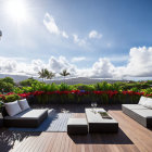 Modern sun loungers on tranquil rooftop patio with lush plants, scenic mountain view