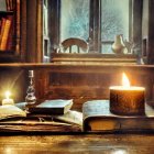 Vintage library scene with open book, lit candle, and snowy window