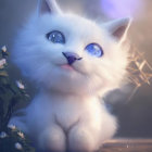 White Cat with Blue Eyes Surrounded by Flowers in Soft Light