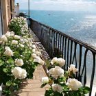 Scenic balcony view of sea with sailboats and ship under clear sky