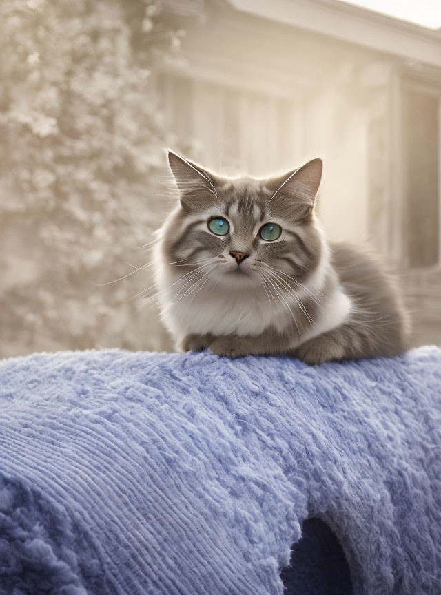 Fluffy Cat with Blue Eyes on Blue Fabric Surface