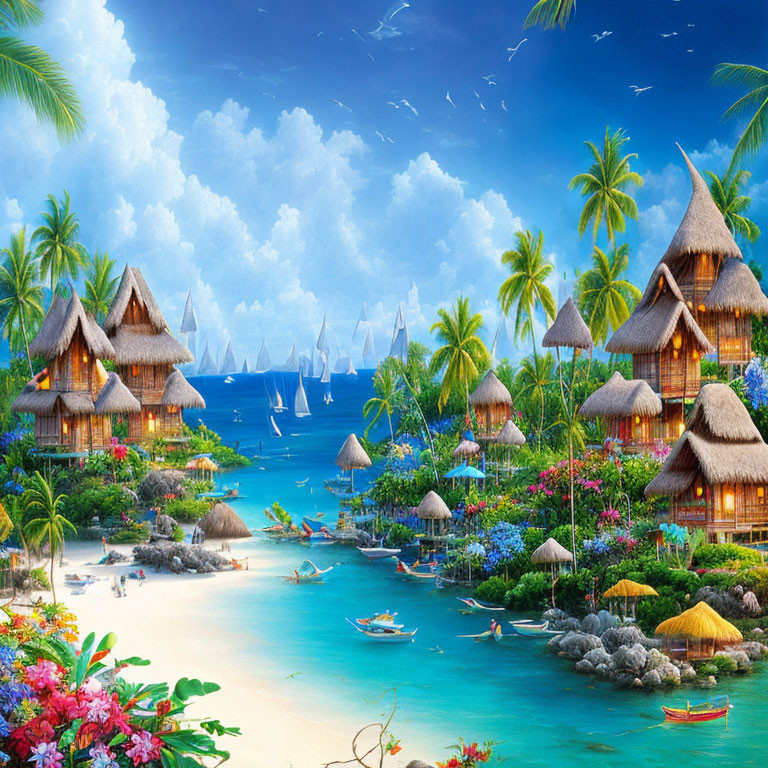 Vibrant tropical beach scene with thatched huts, boats, and sailboats