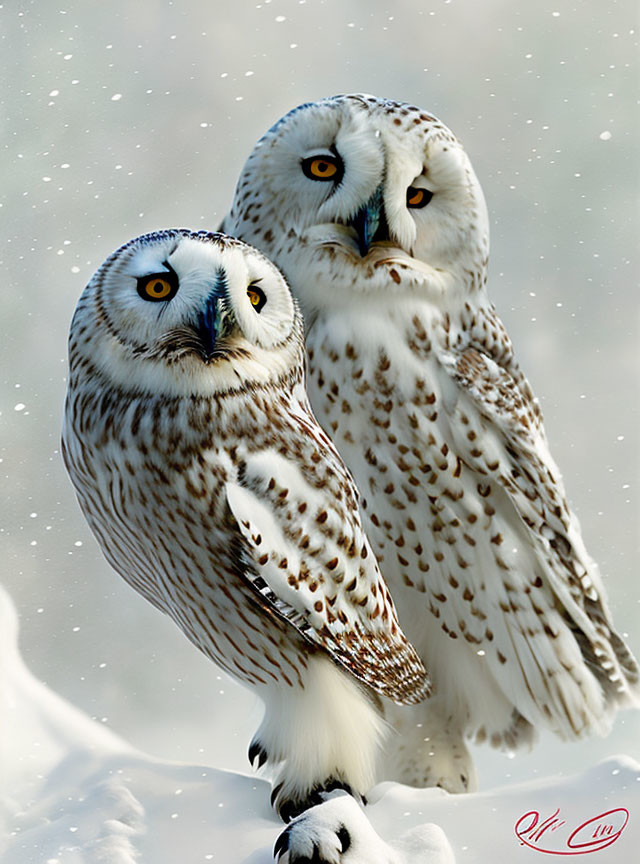 Snowy owls perched in snowy landscape with falling snowflakes