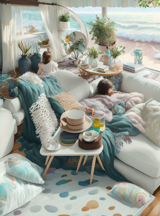 Beachfront room with two people on a couch, snacks, plants, sea view, blankets.