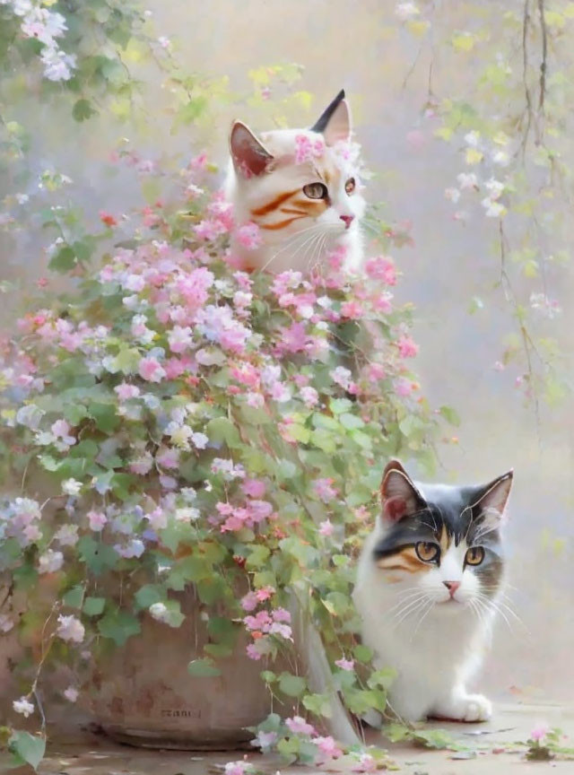 Two Cats Among Blooming Flowers in Different Colors