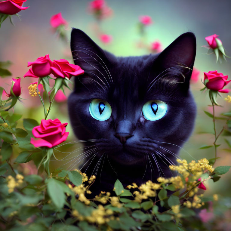 Black Cat with Blue Eyes Among Red and Yellow Flowers