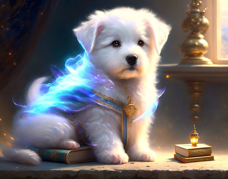 White fluffy puppy with blue glow and gold accessories beside ornate books