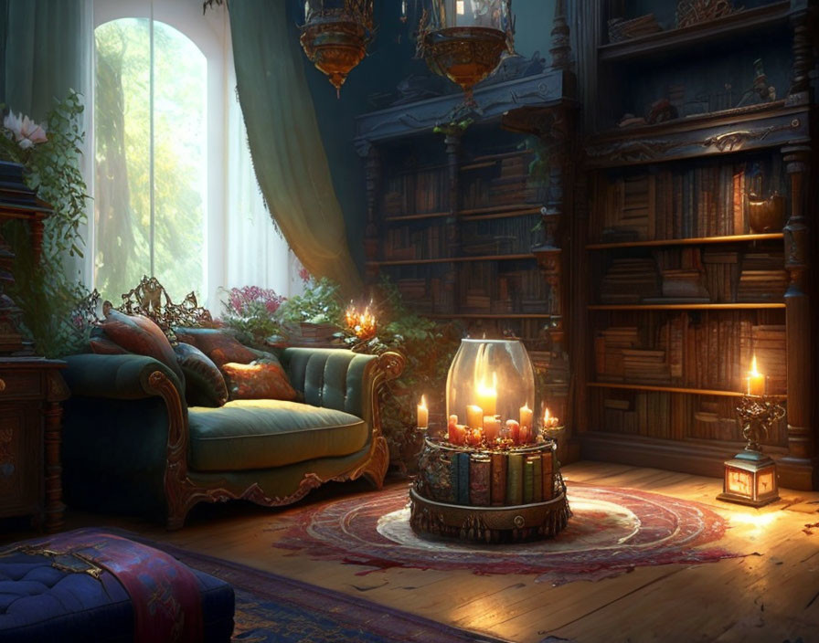 Vintage library room with warm light, ornate furniture, large window, and book-filled shelves