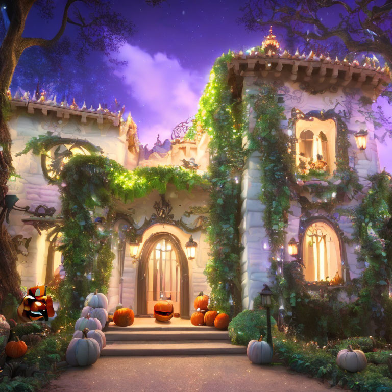 Castle covered in ivy with pumpkin lanterns in Halloween setting