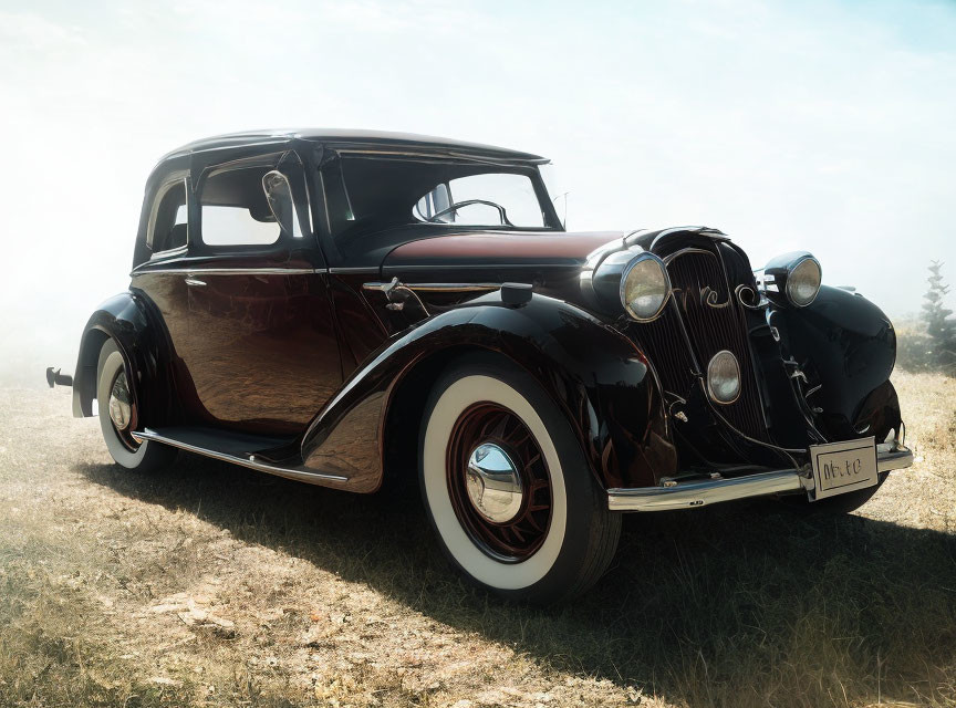 Vintage Black Car with White-Wall Tires Under Sunlit Sky