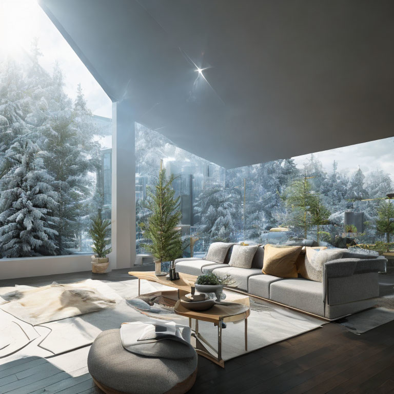 Spacious living room with large windows overlooking snowy forest